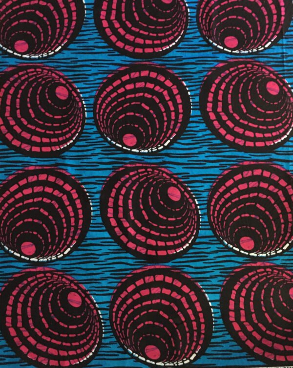 `blue pink black circle African print fabric