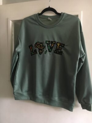 "LOVE Africa" (Curved Layout)- Ankara Appliqué Sweatshirt – Sage Green