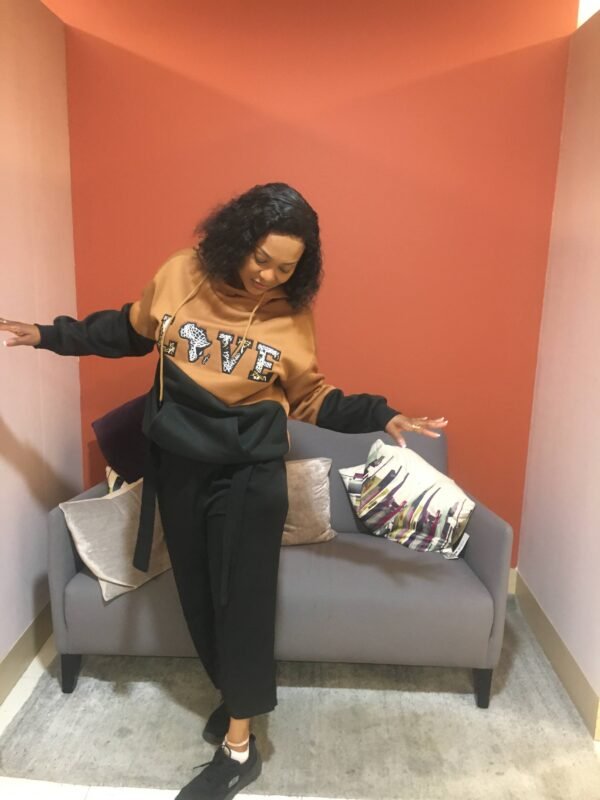 Brown & Black Colour Block Hoodie with Ankara “LOVE” Appliqué