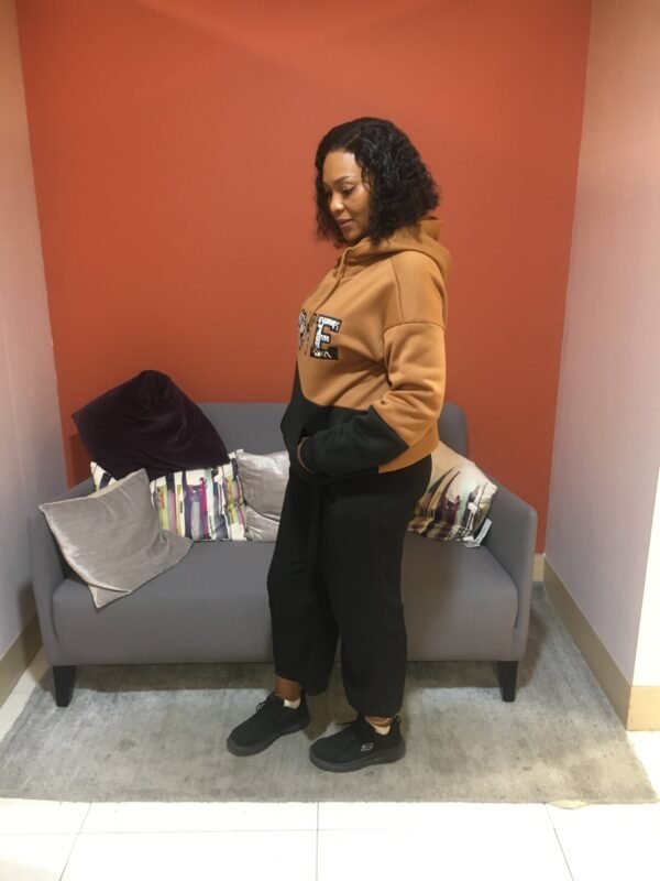 Brown & Black Colour Block Hoodie with Ankara “LOVE” Appliqué