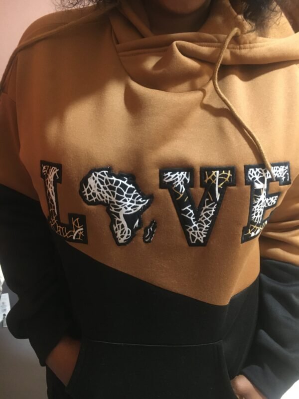 Brown & Black Colour Block Hoodie with Ankara “LOVE” Appliqué
